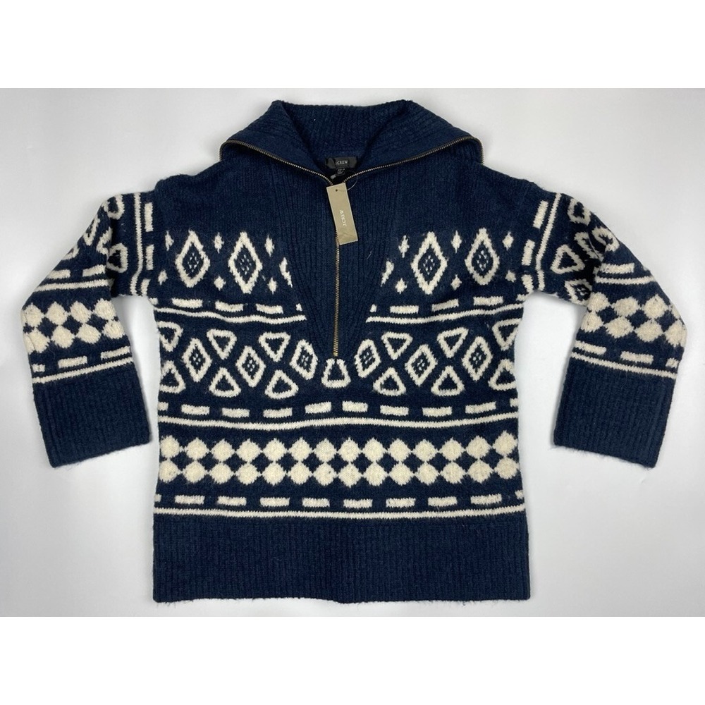 J. Crew Relaxed Half-Zip Sweater‎ in Geometric Knit Blue Women's Size XS-S N NWT